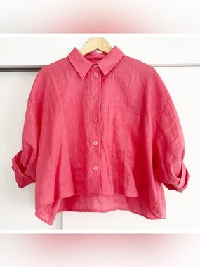 Reiss Coral Pink Boxy Button-Down Linen Shirt